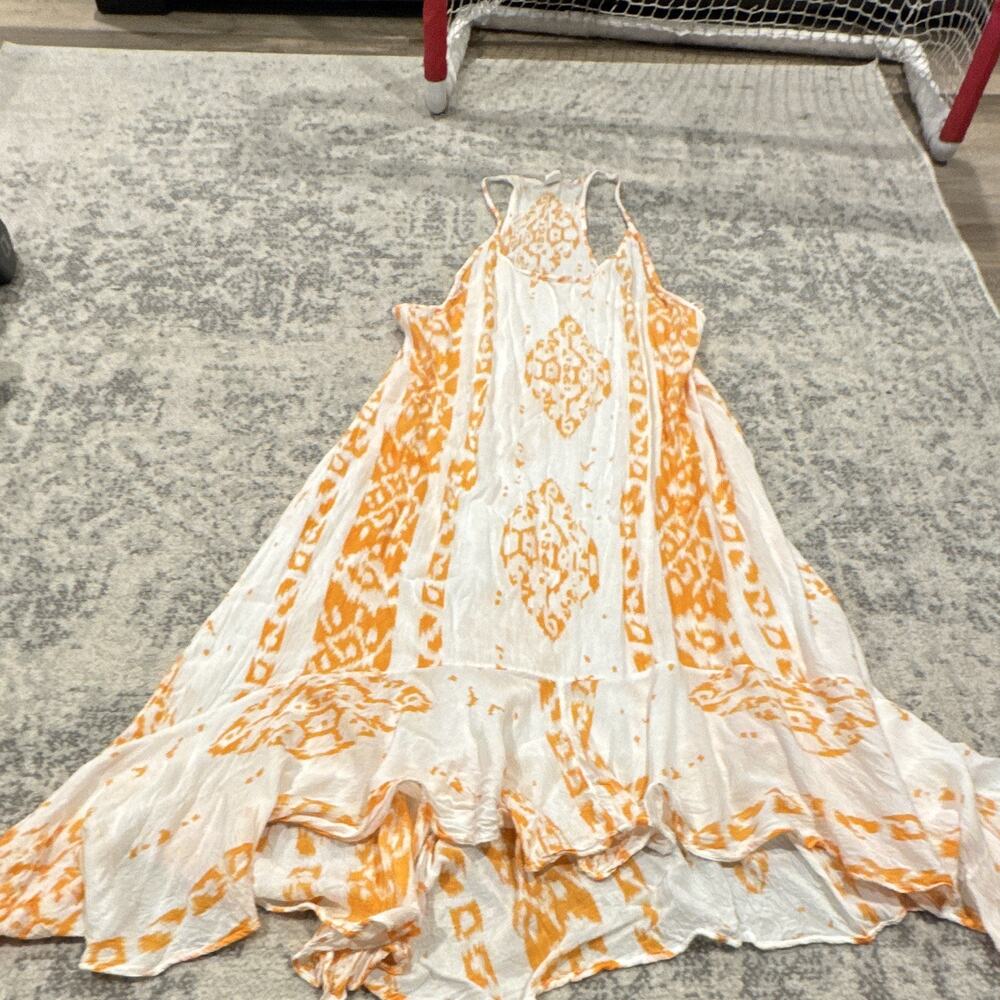 Lagaci White Orange Geometric Spaghetti Strap Ruffle Maxi Dress Rayon M
